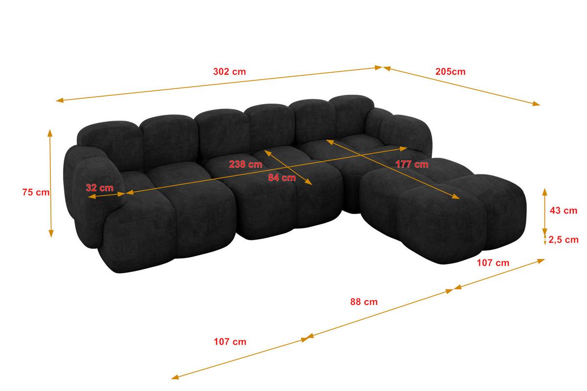 ECKSOFA modulares Sofa Rechts Miko-L2 302x205x75 Schwarz Velours - Schwarz, Holzwerkstoff/Kunststoff (302/205cm) - ALTDECOR