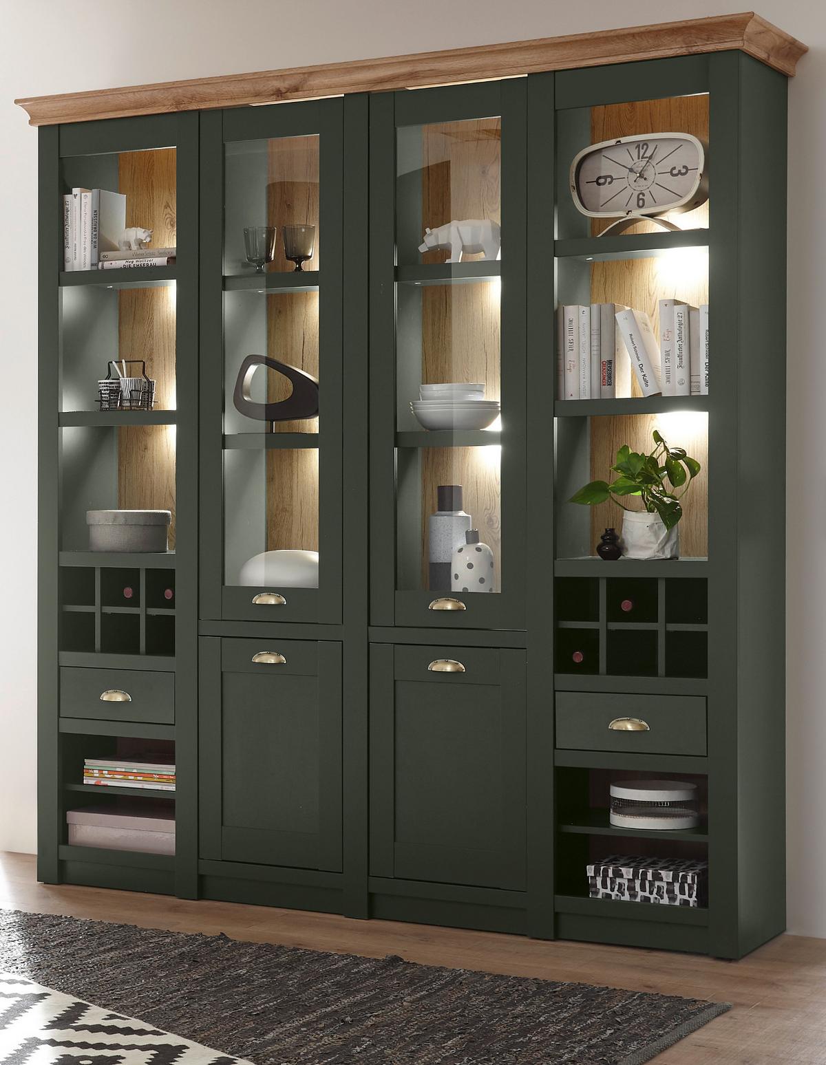 BUFFETSCHRANK grün, Wotan Eiche Landhaus, Vitrinenschrank mit Weinregal - Dunkelgrün/Messingfarben, Glas/Holzwerkstoff (194/207/45cm) - Furn.Design