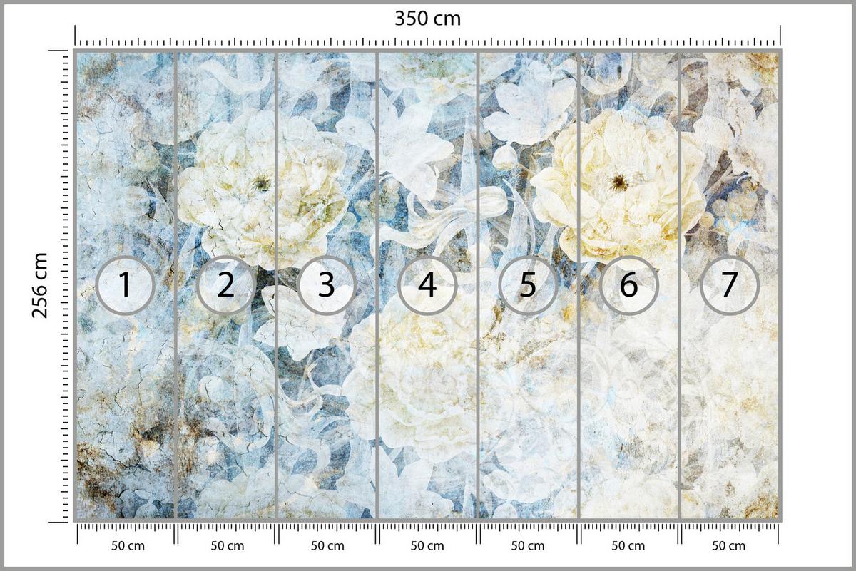FOTOTAPETE Blumen Abstraktion Vintage Stil 350x256 - Blau/Gelb, Papier (350/256cm) - Muralo