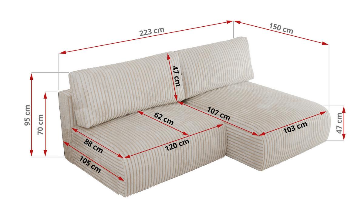 ECKSCHLAFSOFA VIVO L Creme Cord - rechts - Creme/Schwarz, Kunststoff/Textil (150/223cm) - MKS
