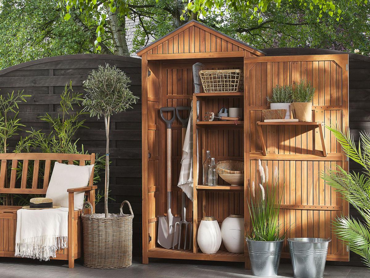 GARTENSCHRANK Akazienholz braun 200/100 cm Savoca - Braun/Grau, Holz (100/200/40cm) - Beliani