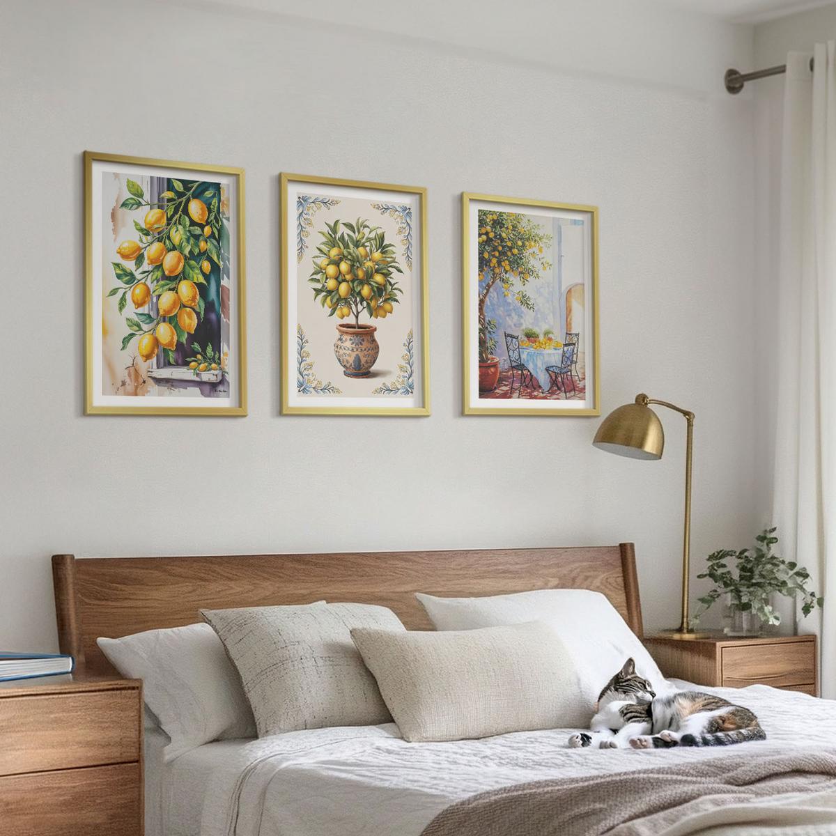 BILDER SET 3er Set - 40x60 cm Goldrahmen - Zitronenbäume Früchte Sonne - Goldfarben, Kunststoff (40/60cm) - TULUP