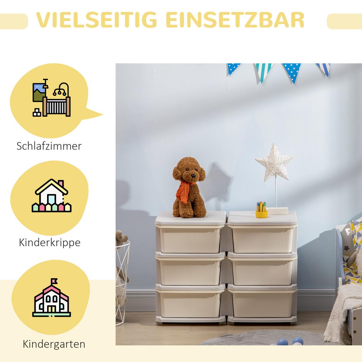 SCHUBLADENSCHRANK für Kinder Aufbewahrungsboxen mit 6 Ebenen Kindermöbel Creme - Creme, Kunststoff (37/56.5/75cm) - HOMCOM