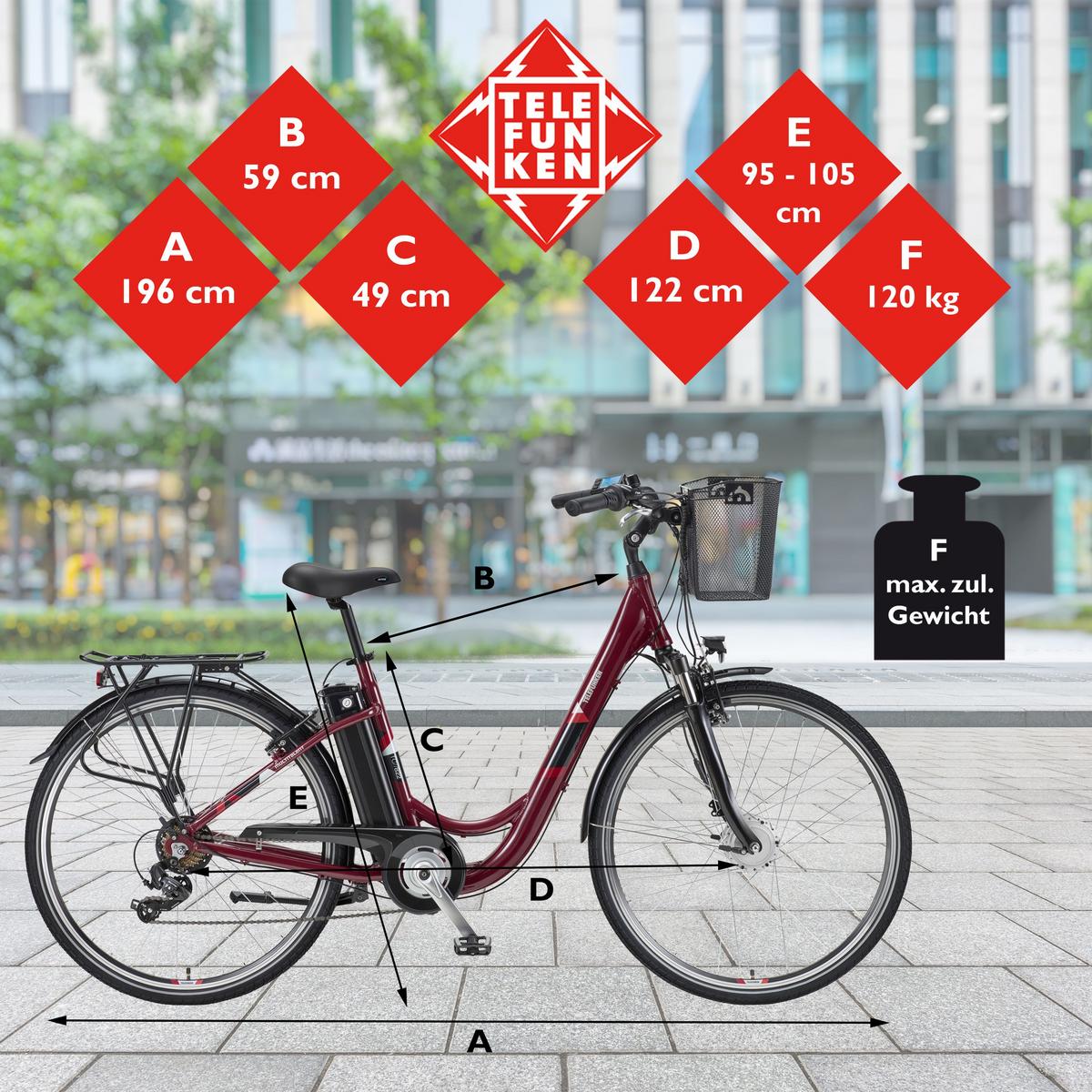 E-BIKE Cityrad Multitalent RC822 Für Damen u. Herren 374,4 Wh Frontmotor 7-Gang-Kettenschaltung 28 Zoll - Weinrot, Metall (114.5cm) - Telefunken