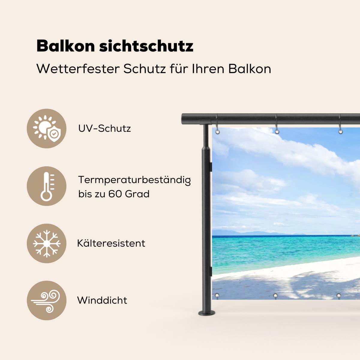 BALKON-SICHTSCHUTZ Strand - Meer - Palmen Windschutz 300x100 cm - Hellblau, Kunststoff (300/100cm) - MuchoWow