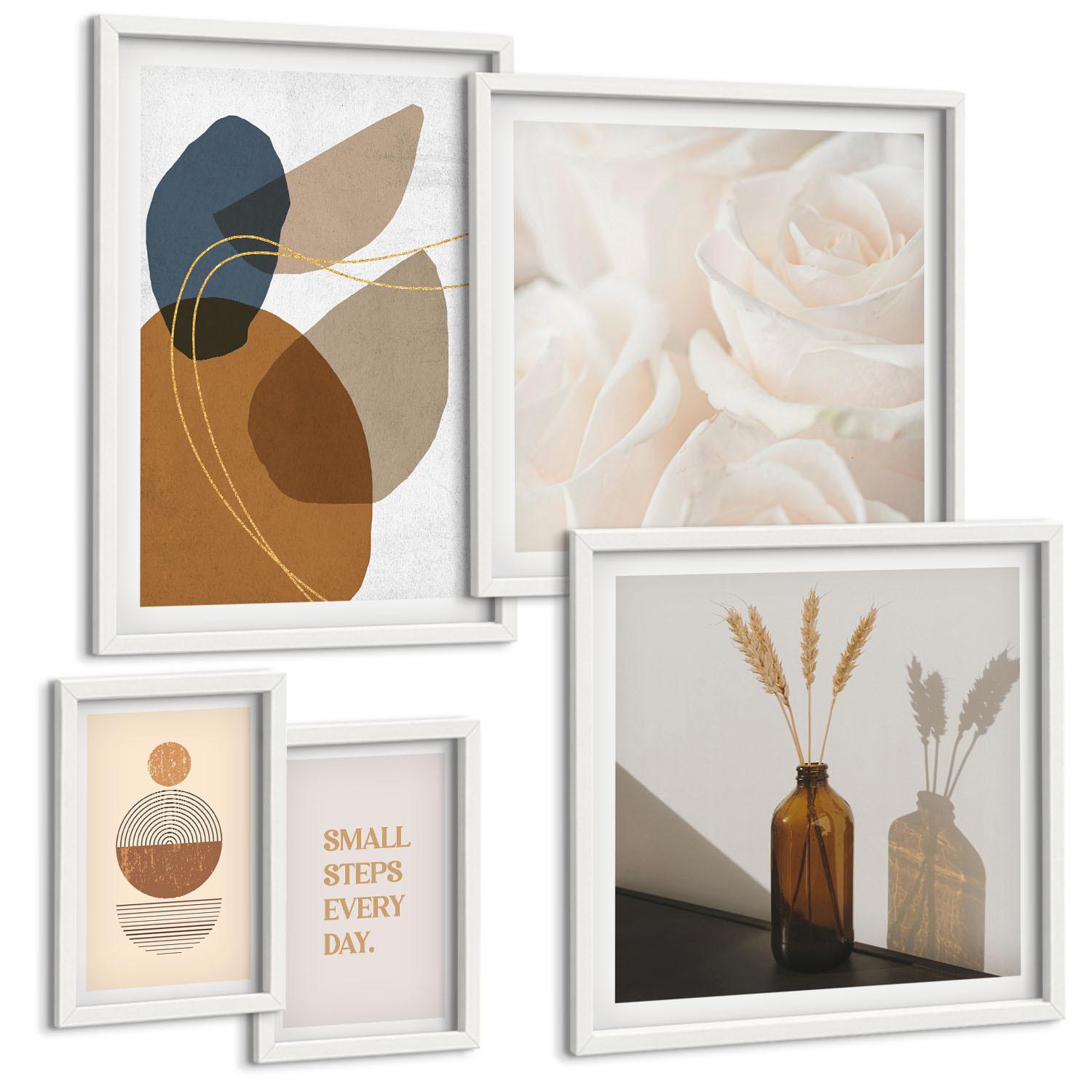 BILDER SET 5er Set - 50x50 cm & 20x30 cm & 40x60 cm Weißer Rahmen - Abstrakte Formen Akzente - Weiß, Kunststoff (40/60cm) - TULUP
