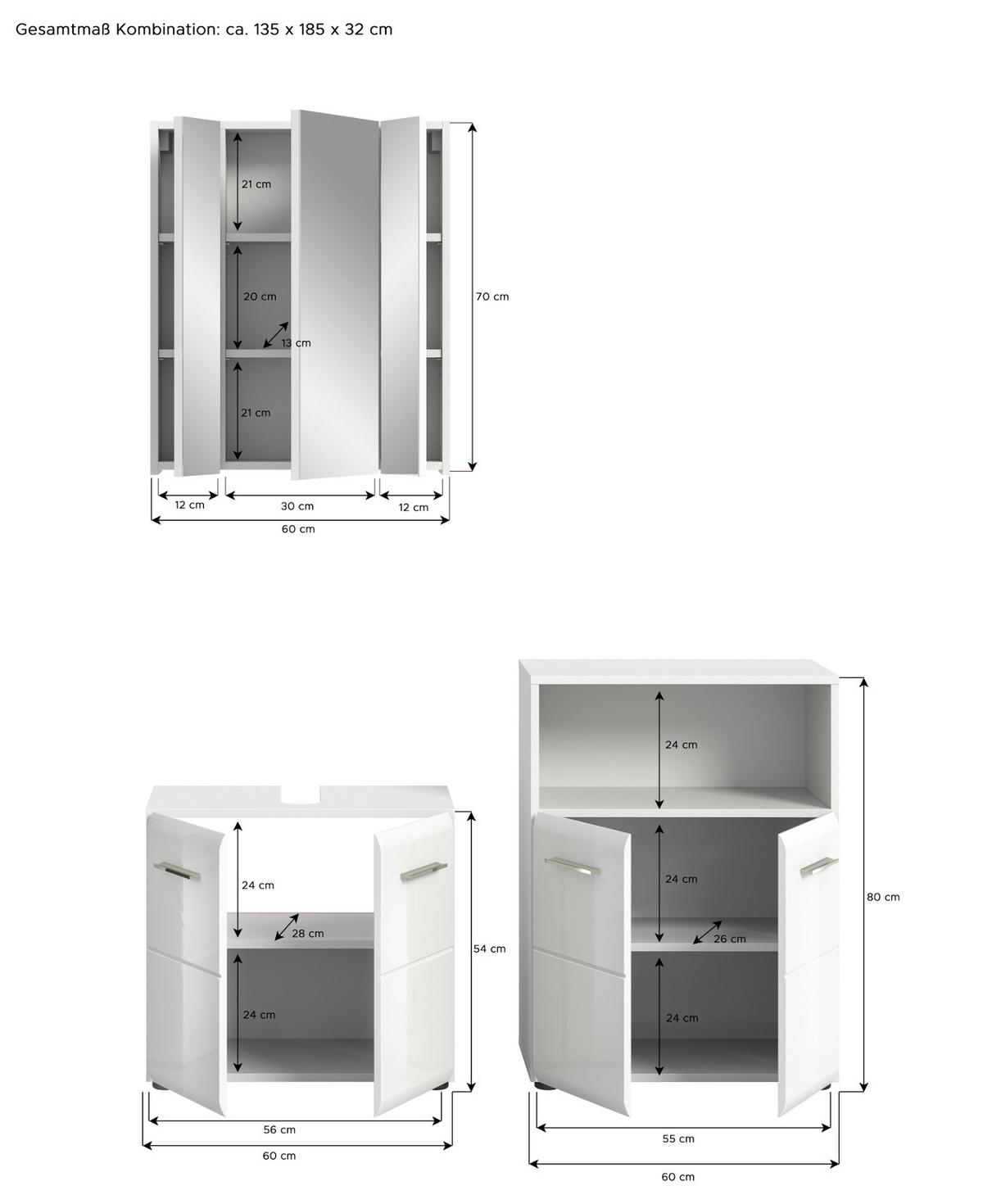 BADMÖBEL SET 3-teilig in weiß Hochglanz Badkombination 135 x 185 cm Cover - Weiß Hochglanz/Silberfarben, Holzwerkstoff/Kunststoff (135/185/30cm) - Inn.Furn