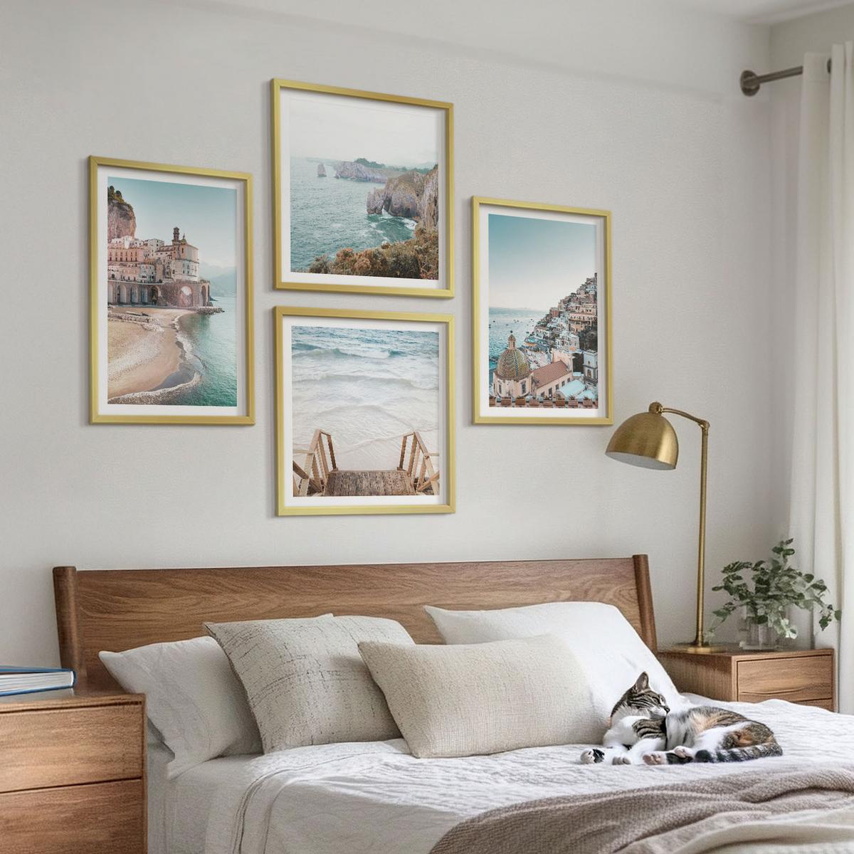 BILDER SET 4er Set - 50x50 cm & 40x60 cm Goldrahmen - Sommerliche Strandansichten in Pastellfarben - Goldfarben, Kunststoff (50/50cm) - TULUP