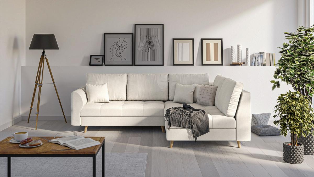 ECKSOFA MIT HOCKER Lorine Mikrofaser Ecru - Ecru/Hellbraun, Buchenholz/Textil (231/161cm) - S-Style Möbel
