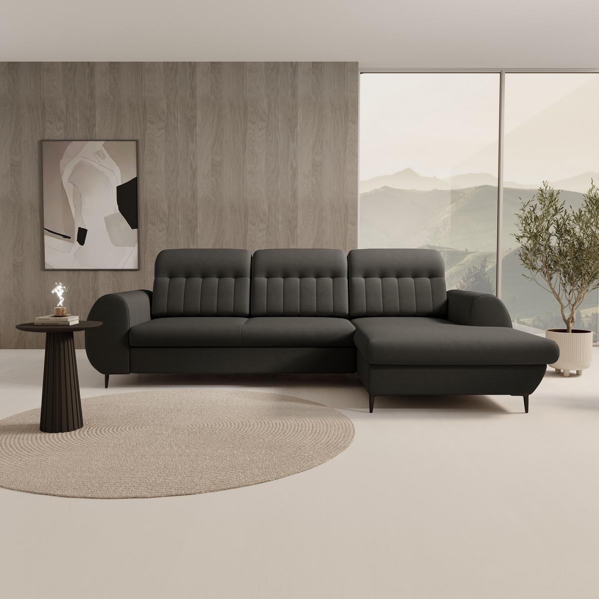 ECKSOFA PURO R-S Grau Plüsch-Stoff mit Schlaffunktion - Grau, Holz (275/166cm) - MASSENO