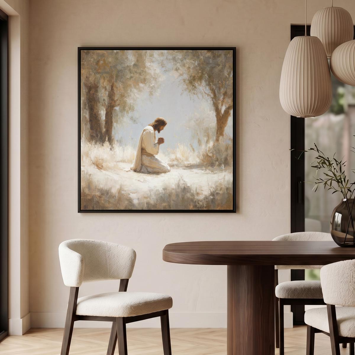 LEINWAND Bilder mit Rahmen - Jesus - Kniend - Waldlandschaft - Betend - 90x90 - Beige, Textil (90/90cm) - MuchoWow