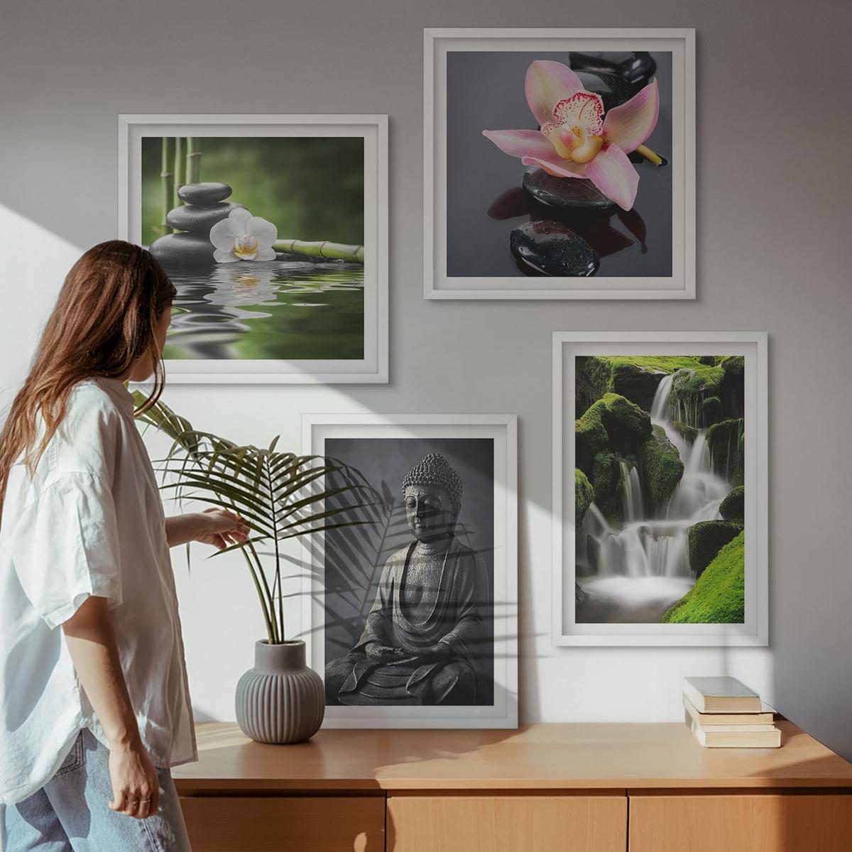 BILDER SET 4er Set - 50x50 cm & 40x60 cm Weißer Rahmen - Zen-Gemälde, Wassersteine, Buddha - Weiß, Kunststoff (50/50cm) - TULUP