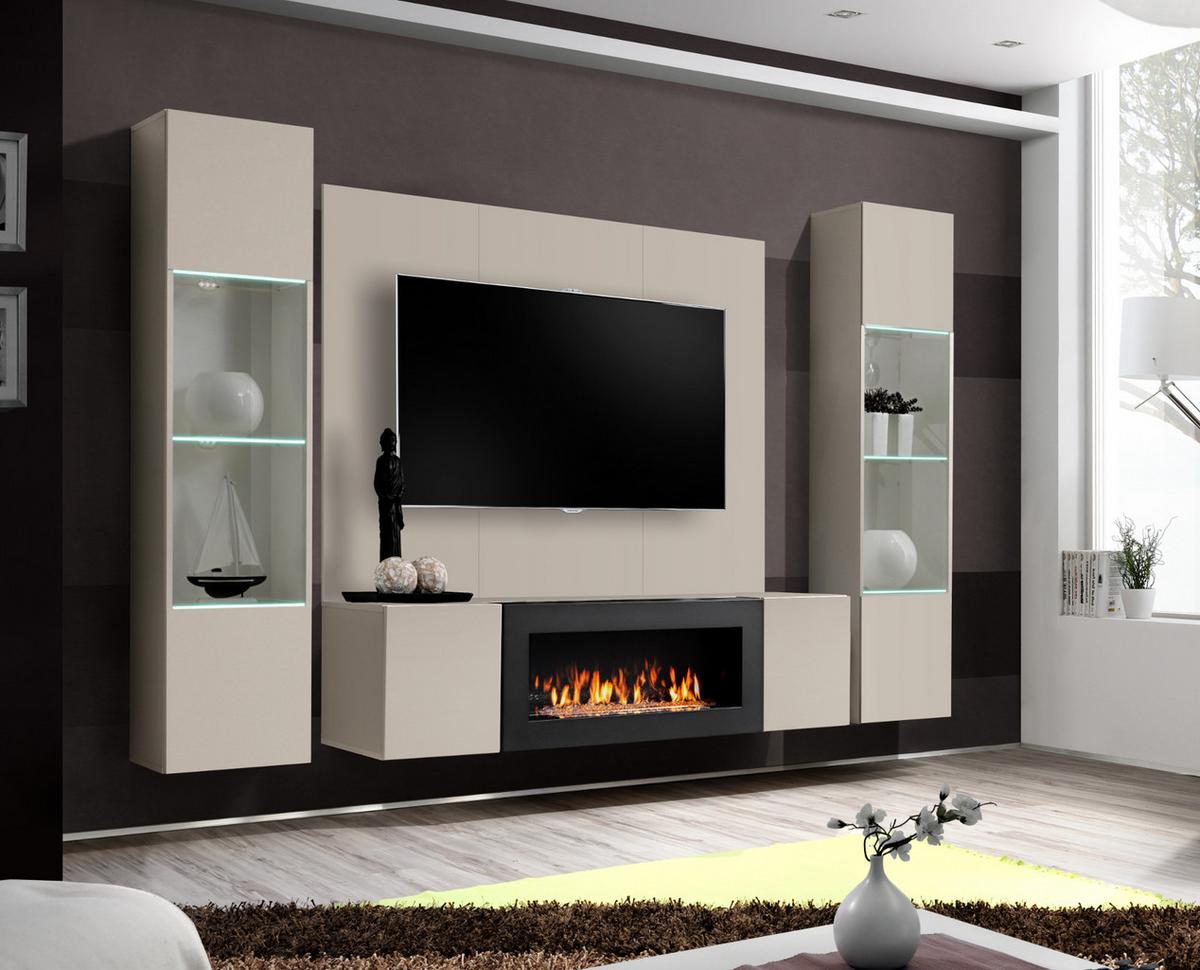 WOHNWAND Kaschmir 4-teilig 260 cm hängend, Anbauwand mit Ethanol Kamin - Kaschmir, Glas/Holzwerkstoff (260/170/40cm) - Inn.Furn