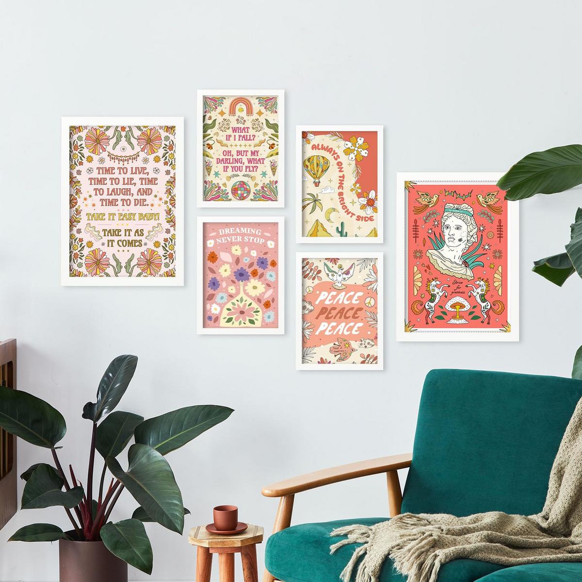 POSTER Set Mit 6 Drucken Von Pink In Brilliant Groovy Style Postersammlung Dekorative Rahmen Für Ihr Zuhause Wandkunstdruck A3 & A4 Weißer Rahmen - Weiß, Papier (29/3cm) - Nacnic