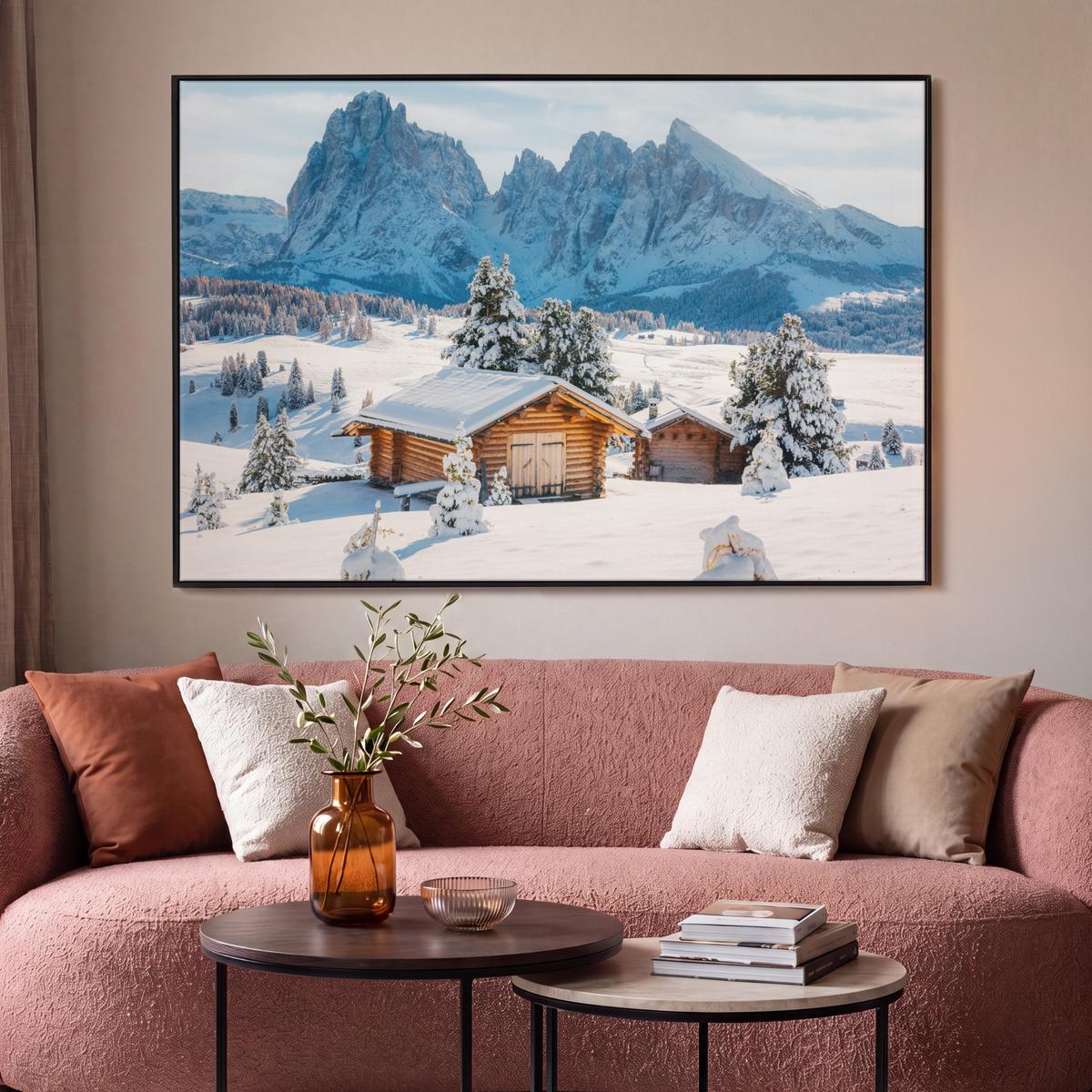 LEINWAND Bilder mit Rahmen - Winter - Hütte - Berge - Aussicht - Schnee - 120x80 - Eichefarben, Textil (120/80cm) - MuchoWow