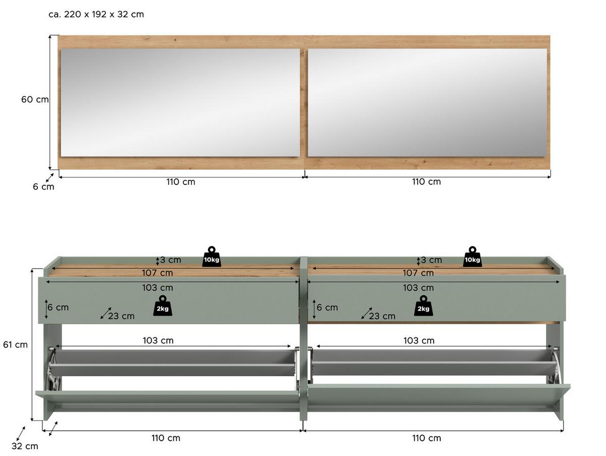 GARDEROBE-SET Salbei und Artisan Eiche, Garderobe 4-teilig, 220 x 192 cm, Borga - Salbeigrün/Eiche Artisan, Holzwerkstoff (220/192/32cm) - Inn.Furn