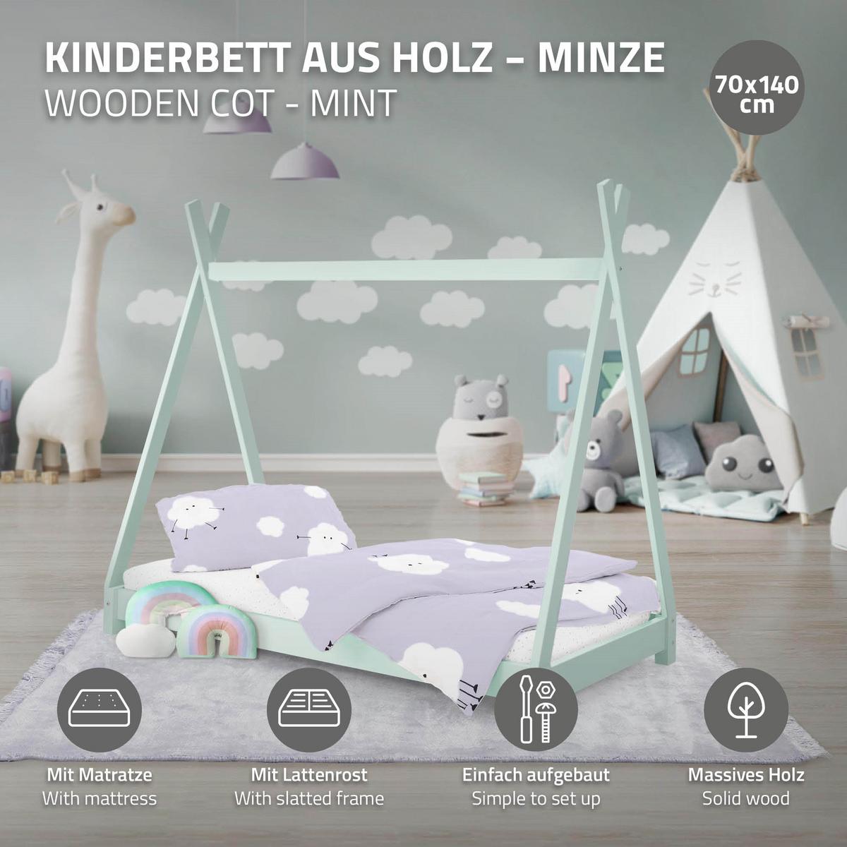 KINDERBETT Tipi mit Matratze 70x140 cm Mint - Grün, Holz (70/140cm) - ML-DESIGN
