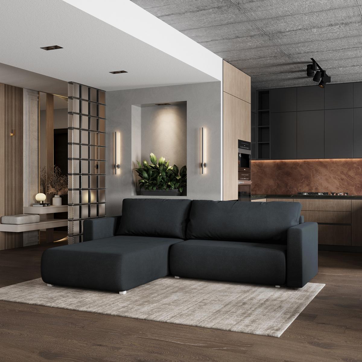 ECKSOFA TURIN Schwarz Geflochtener Stoff mit Schlaffunktion - Schwarz, Holz (265/183cm) - MASSENO