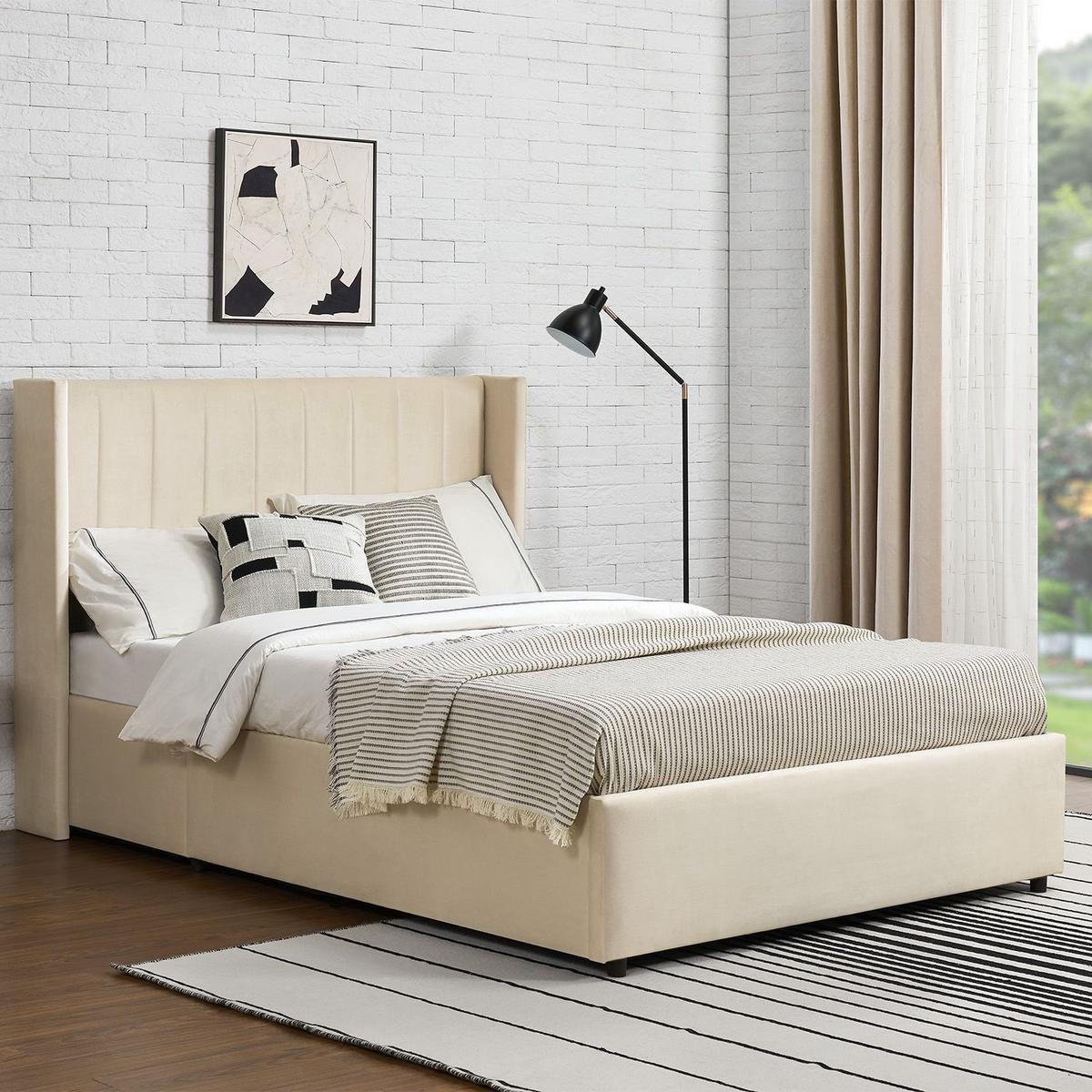 POLSTERBETT Savona mit Matratze 140 x 200 cm beige - Beige, Holzwerkstoff (140/200cm) - Juskys