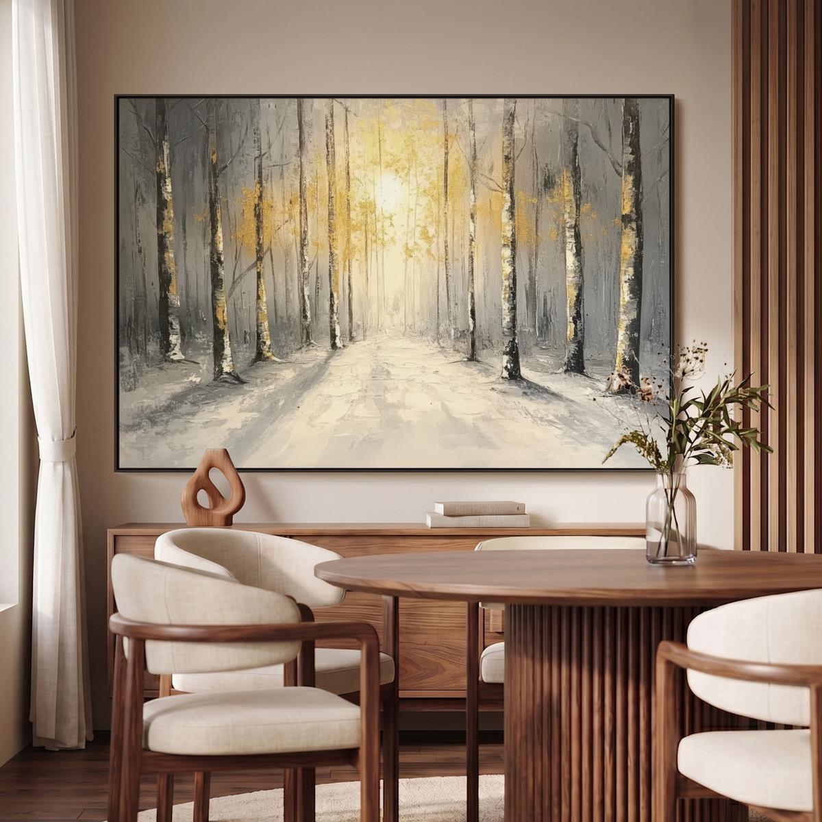 LEINWAND Bilder mit Rahmen - Winter - Abstrakt - Schnee - Natur - Sonne - 140x90 - Grau, Textil (140/90cm) - MuchoWow