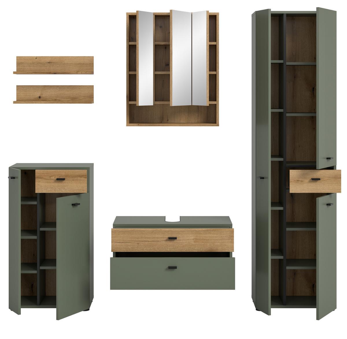 BADMÖBEL-SET grün, Evoke Eiche 6-teilig 207 cm, Komplettset mit viel Stauraum - Eichefarben/Schwarz, Glas/Holzwerkstoff (207/191/35cm) - Inn.Furn