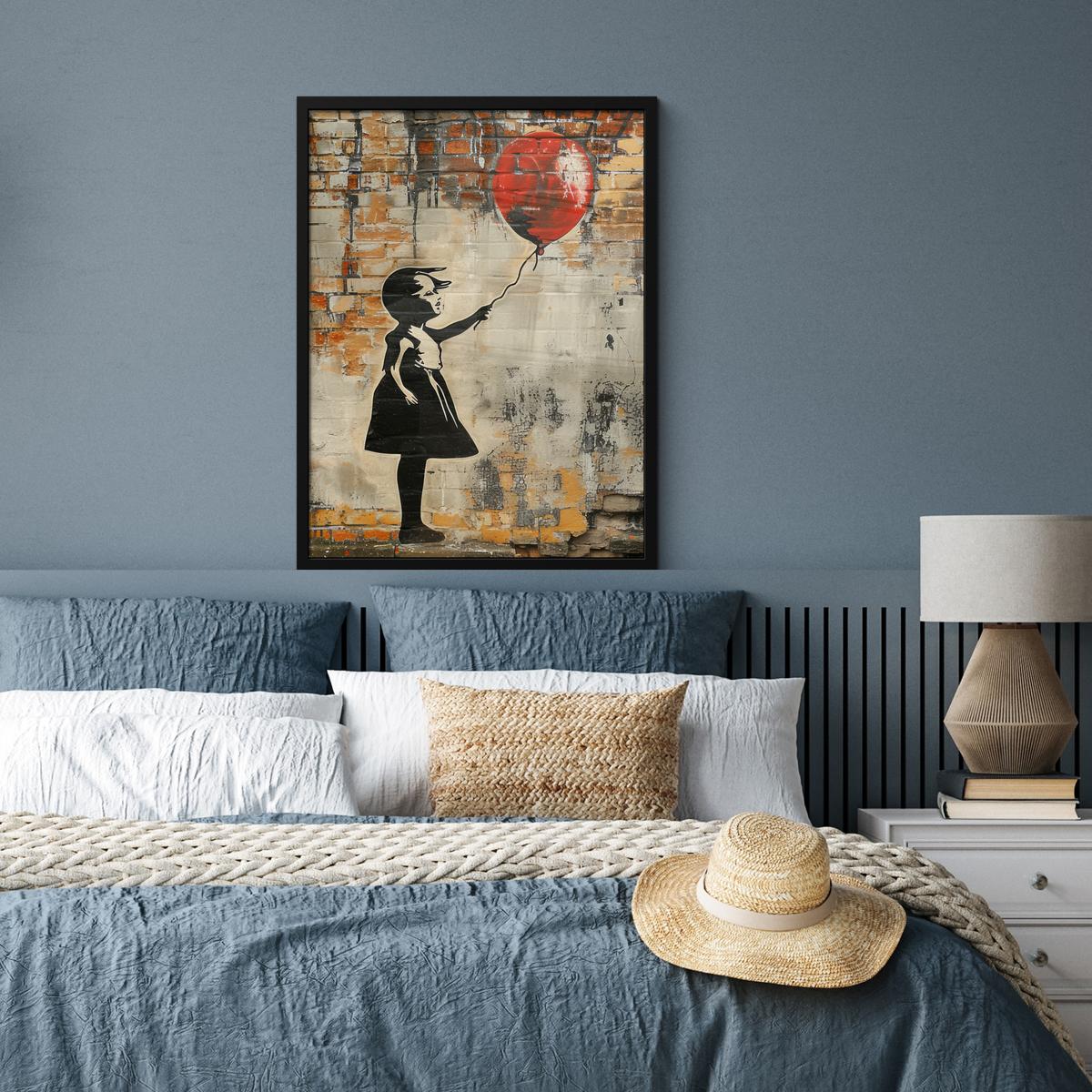 POSTER MIT RAHMENGERAHMTES BILD Graffiti - Banksy - Mädchen - Straßenkunst Posterleiste 60x80 cm - Sandfarben, Papier (60/80cm) - MuchoWow