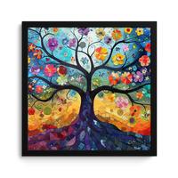 POSTER MIT RAHMENGERAHMTES BILD Kunst - Baum des Lebens - Blumen - Hippie 40x40 cm - Dunkelblau, Papier (40/40cm) - MuchoWow