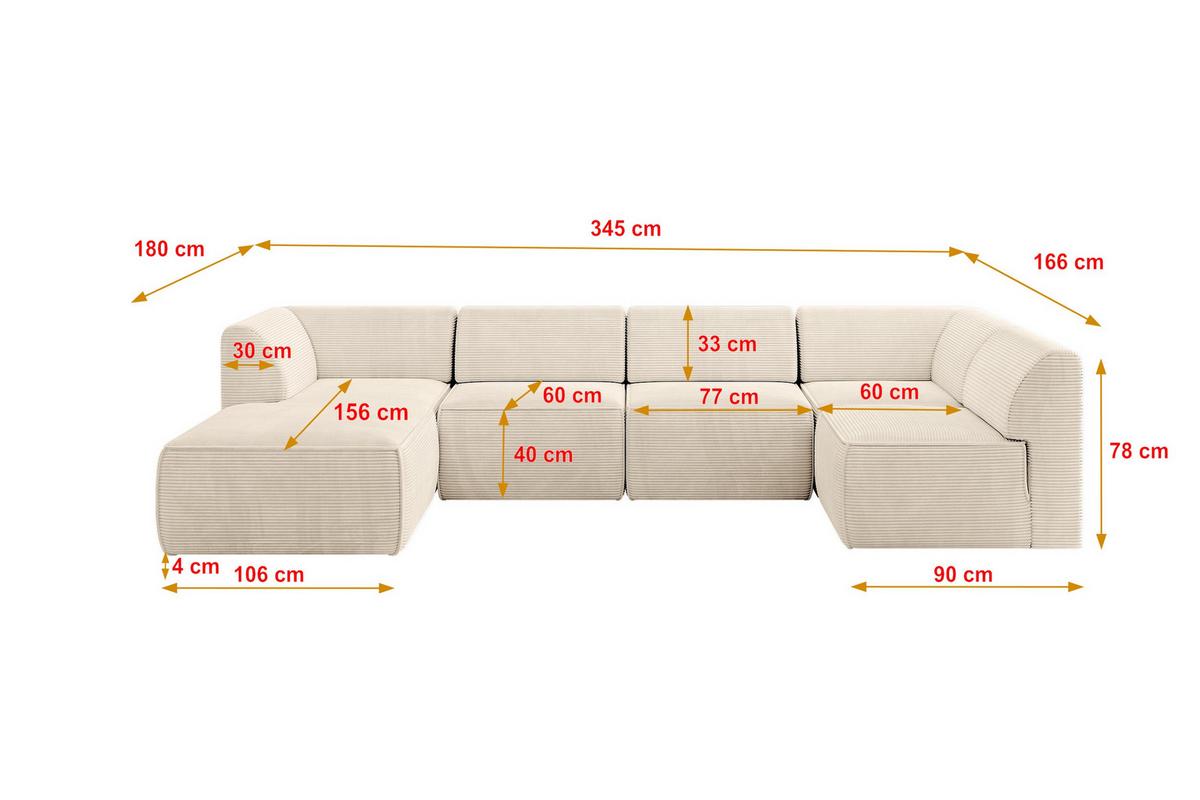 WOHNLANDSCHAFT Ottomane Links MOVO-L 345x180x78 cm Beige Cord - Beige, Holzwerkstoff/Kunststoff (345/78/180cm) - ALTDECOR