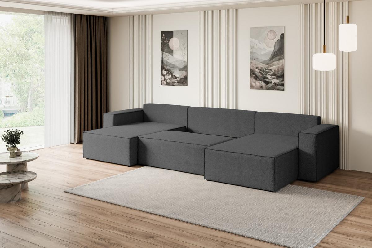 WOHNLANDSCHAFT mit Schlaffunktion und Bettkasten CELTIC-XLU - 377x143x83 cm Grau Bouclé - Schwarz/Grau, Holzwerkstoff/Kunststoff (377/83/143cm) - ALTDECOR