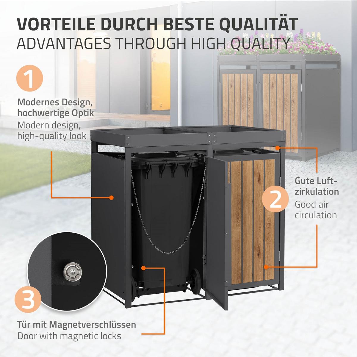 MÜLLTONNENBOX 2er mit Pflanzdach 240L Anthrazit-Holzoptik aus Stahl - Hellbraun, Metall (80/124/132cm) - ML-DESIGN