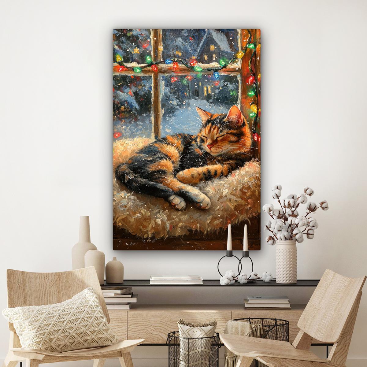 LEINWANDBILD Katze - Weihnachten - Winter - Tier Deko XXL 80x120 cm - Bernsteinfarben, Textil (80/120cm) - MuchoWow