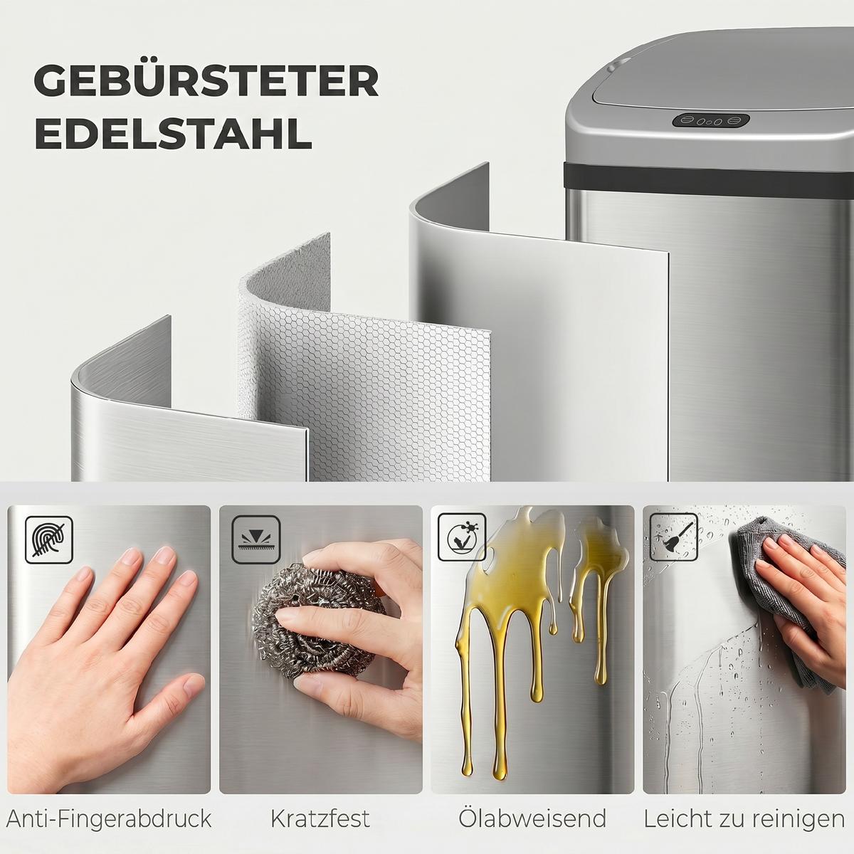 MÜLLEIMER mit Sensor 48L Edelstahl Abfalleimer mit Automatischer Schließfunktion - Silberfarben, Metall (25/69/33cm) - HOMCOM