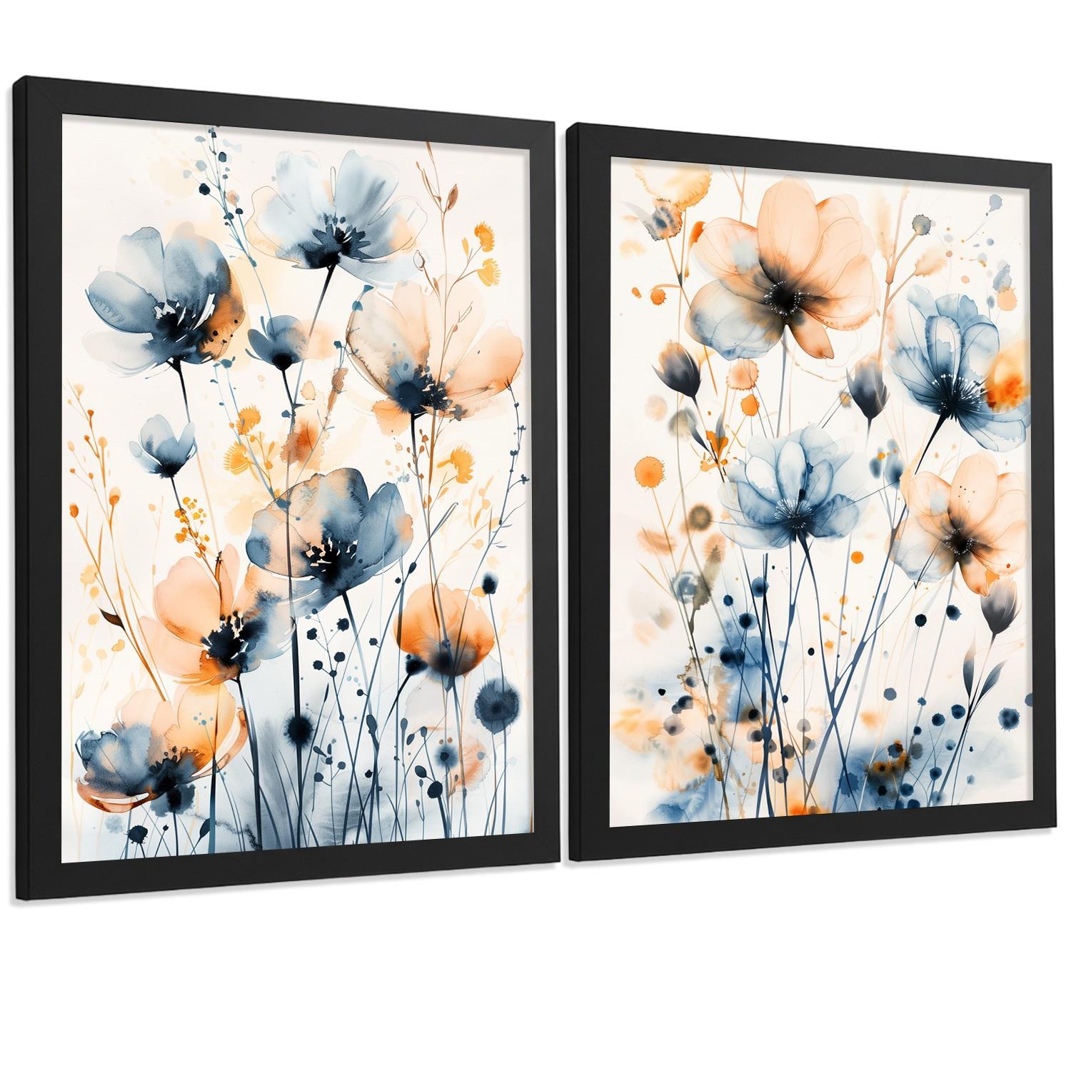 POSTER 2er-Set Wandbilder Blumen Blau Orange Boho modern Wohnzimmer Deko, Schlafzimmer, Küche, Badezimmer Rahmenlos A3 - Schwarz, Papier (29.7/1/42cm) - Nacnic