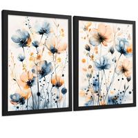 POSTER 2er-Set Wandbilder Blumen Blau Orange Boho modern Wohnzimmer Deko, Schlafzimmer, Küche, Badezimmer Rahmenlos A3 - Schwarz, Papier (29.7/1/42cm) - Nacnic