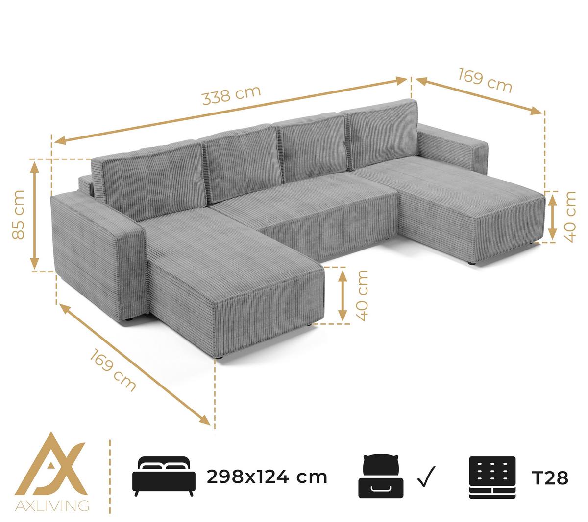 WOHNLANDSCHAFT Aydin U Form Creme 338/169/85 cm Cord mit Schlaffunktion - Creme/Schwarz, Kunststoff/Textil (338/85/169cm) - AX Living
