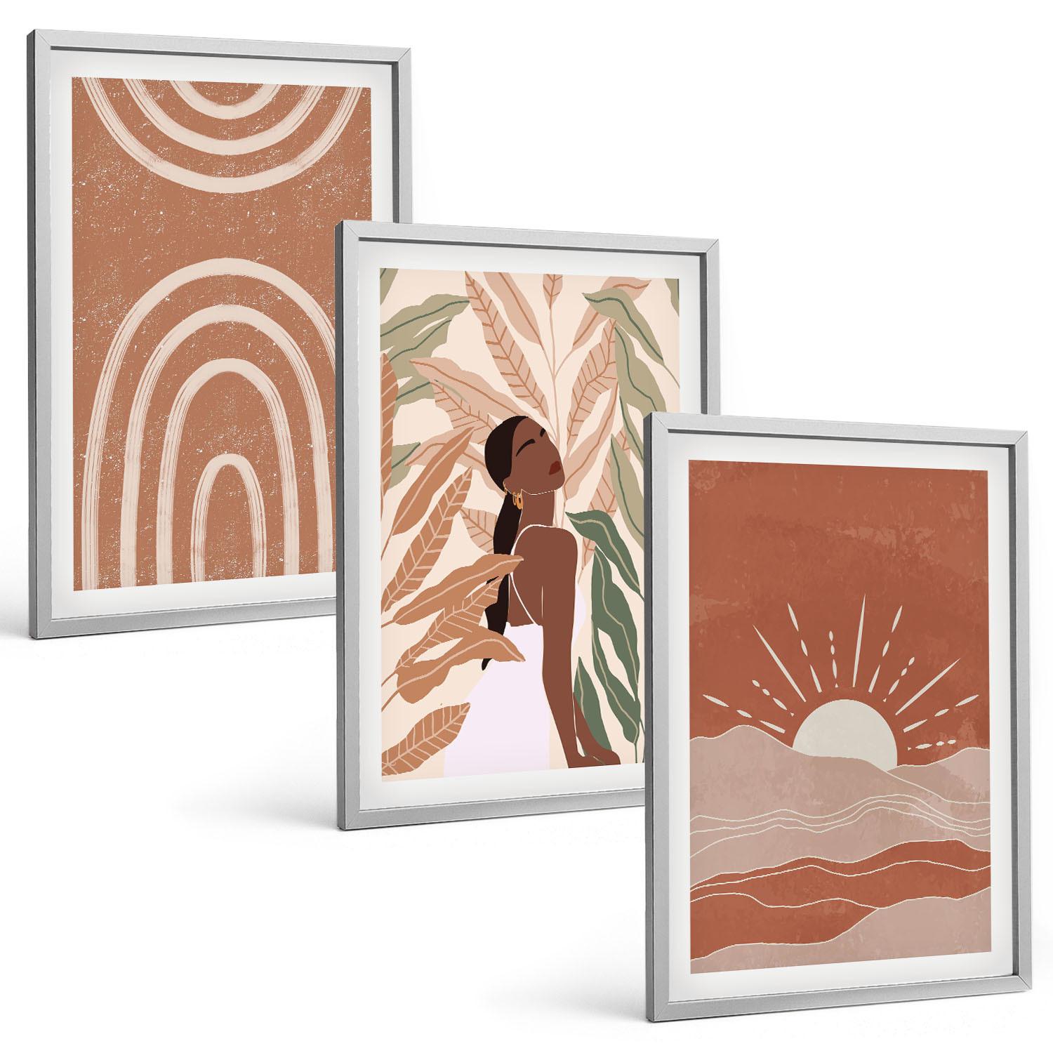 BILDER SET 3er Set - 40x60 cm Silberner Rahmen - abstrakte Formen im Boho-Stil - Silberfarben, Kunststoff (40/60cm) - TULUP