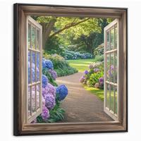 LEINWAND Bilder mit Rahmen - Aussicht - Garten - Fenster - Hortensie - Blumen - 90x90 - Pastellblau, Textil (90/90cm) - MuchoWow