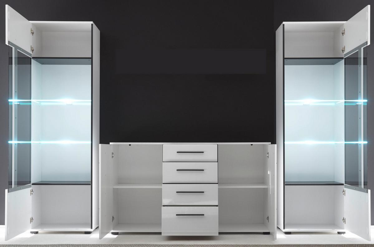 WOHNWAND weiß Hochglanz 3-teilig 290 cm, Anbauwand mit Soft-Close - Weiß Hochglanz/Schwarz, Glas/Holzwerkstoff (290/200/42cm) - Furn.Design