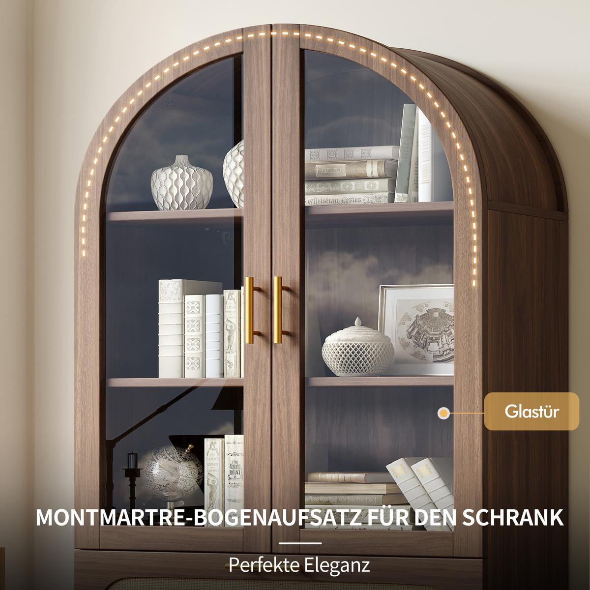 HIGHBOARD in Nussbaum-Optik mit Glas und PE-Rattan, Bogen-Design mit 2 Schubladen - Naturfarben, Holzwerkstoff (80/175/40cm) - Urban Meuble
