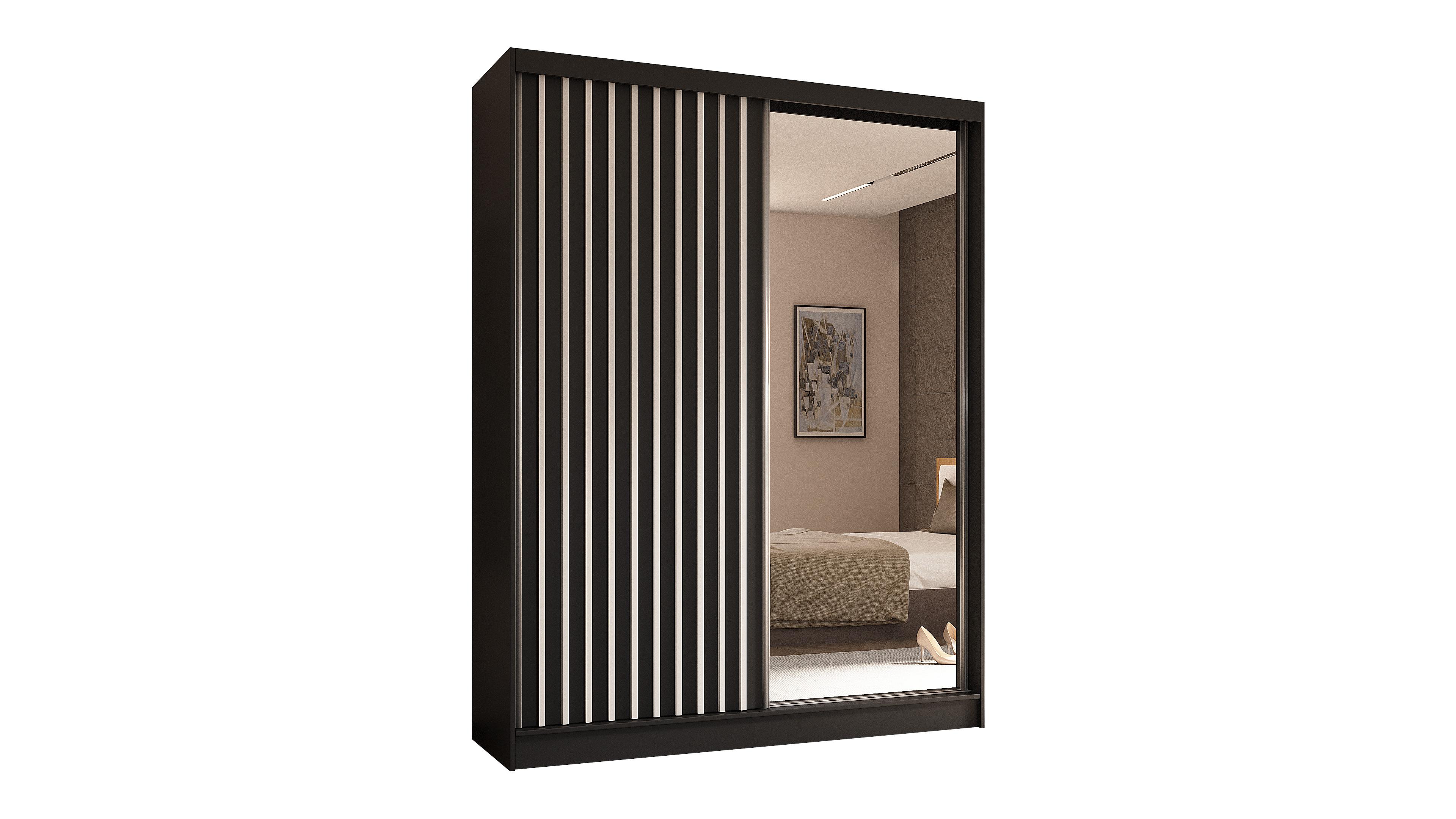 KLEIDERSCHRANK mit Spiegel-Schiebetüren und Aluminium-Leisten, LED-Beleuchtung - LAMELO - 160 cm Schwarz+Schwarz+Weiß - Schwarz/Weiß, Holzwerkstoff (160/216/61cm) - ALTDECOR