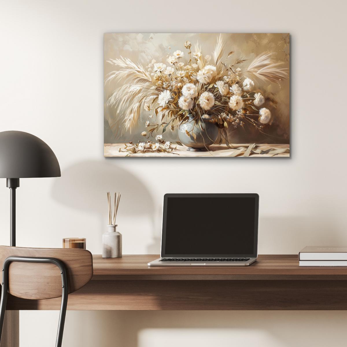 METALLBILD Blumen - Vase - Stilleben - Beige Wandbild 60x40 cm - Creme, Metall (60/40cm) - MuchoWow