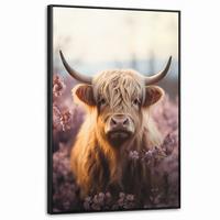 LEINWAND Bilder mit Rahmen - Schottischer Hochländer - Frühling - Hochland - 90x140 - Hellrosa, Textil (90/140cm) - MuchoWow