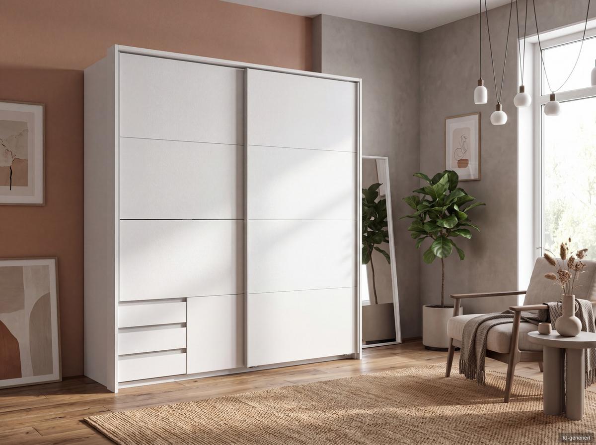 SCHWEBETÜRENSCHRANK 2-türig B183/H200/T65 cm, Passepartout-Kleiderschrank in Weiß mit sichtbaren Schubkästen / 22695 - Alufarben/Weiß, Holz/Holzwerkstoff (183/200/65cm) - luma-home
