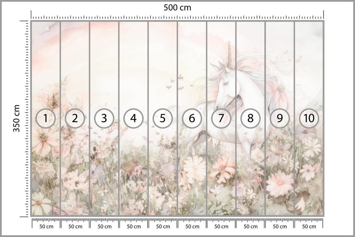 FOTOTAPETE für Kinder Einhorn Blumen Aquarell 500x350 - Gelb/Beige, Papier (500/350cm) - Muralo