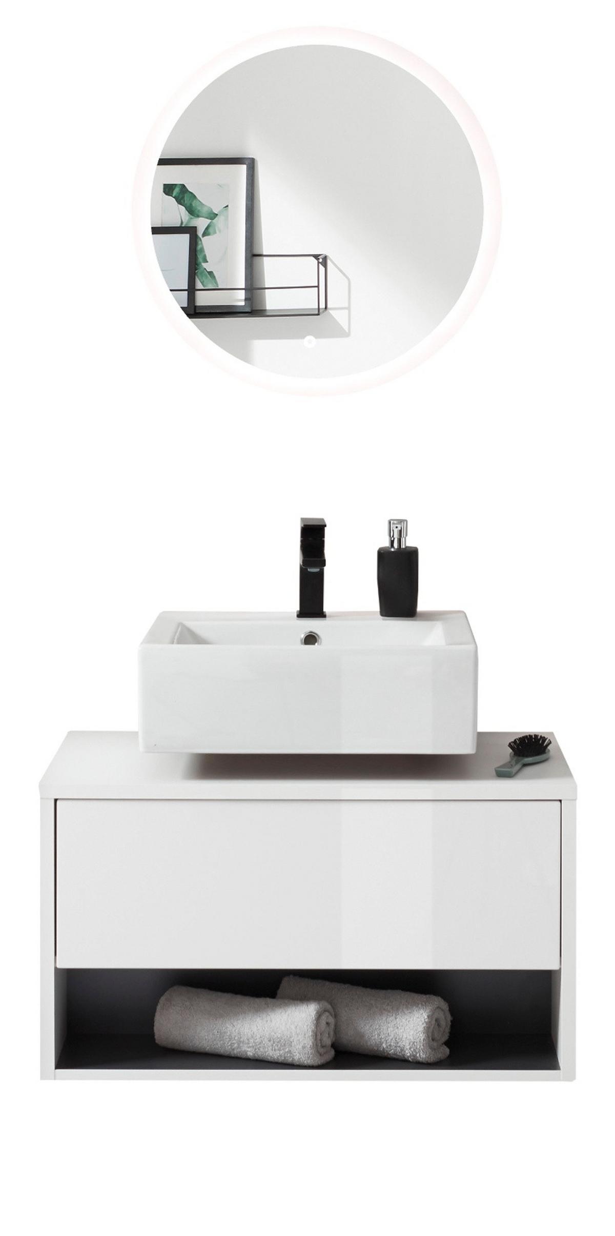 BADMÖBEL-SET weiß Hochglanz, grau, Badezimmer Set inklusive LED Beleuchtung, Breite 80 cm - Weiß Hochglanz/Grau, Glas/Holzwerkstoff (80/190/46cm) - Furn.Design