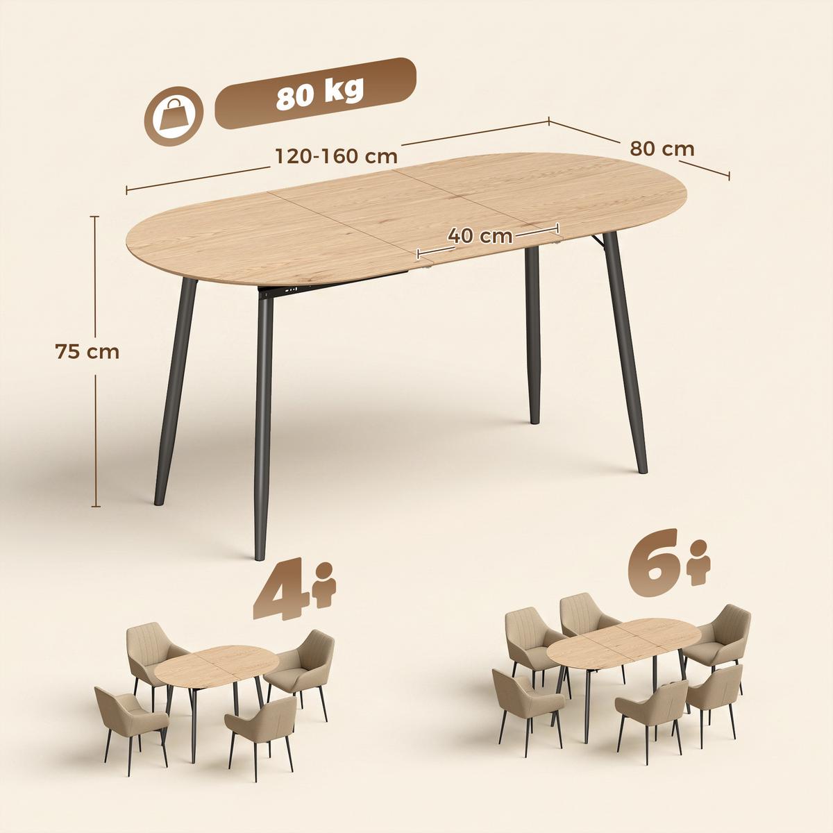 AUSZIEHBARER-ESSTISCH MDF Eiche - Eichefarben/Schwarz, Holzwerkstoff/Metall (160/80/75cm) - HOMCOM