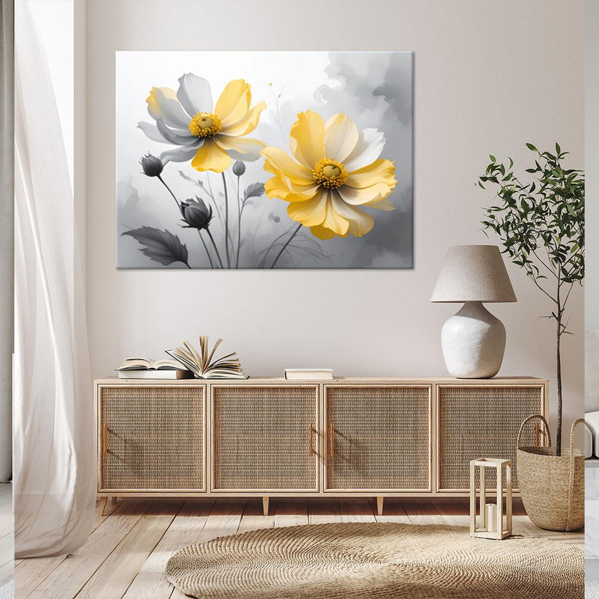 LEINWANDBILDER, Gelbe Blumen mit subtilem Licht auf hellem Hintergrund - Gelb, Textil (60/40cm) - Feeby