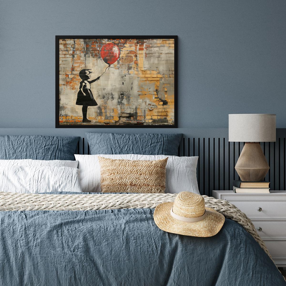 POSTER MIT RAHMENGERAHMTES BILD Graffiti - Banksy - Mädchen - Straßenkunst 80x60 cm - Sandfarben, Papier (80/60cm) - MuchoWow