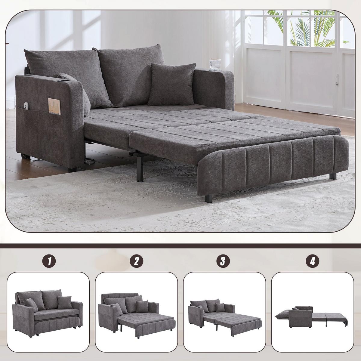 SCHLAFSOFA aus chenille mit bettfunktion, usb-anschluss & becherhaltern - Grau, Textil (139/83/73cm) - Urban Meuble