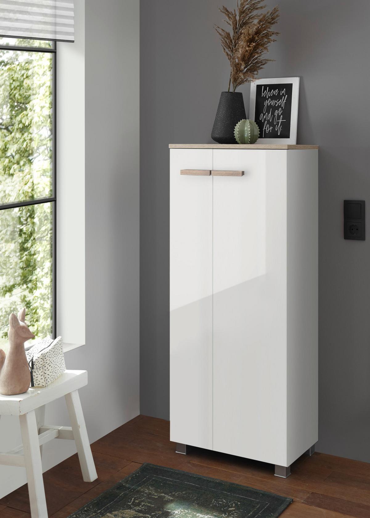 BAD-KOMMODE weiß Lack Hochglanz, Eiche, Midischrank hängend, stehend 51 x 110 cm - Weiß Hochglanz/Eichefarben, Holzwerkstoff/Kunststoff (51/115/30cm) - Furn.Design